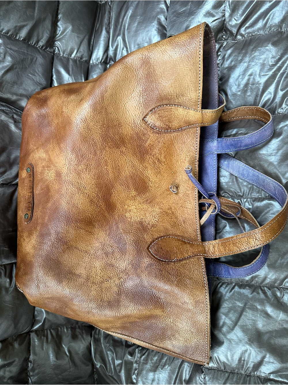 Bed Stu Tote Bag in Brown reversible into Purple Blue